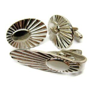 Cufflinks Set Speidel Oval Starburst Silver Tone Vintage Cuff Links Tux Shirt